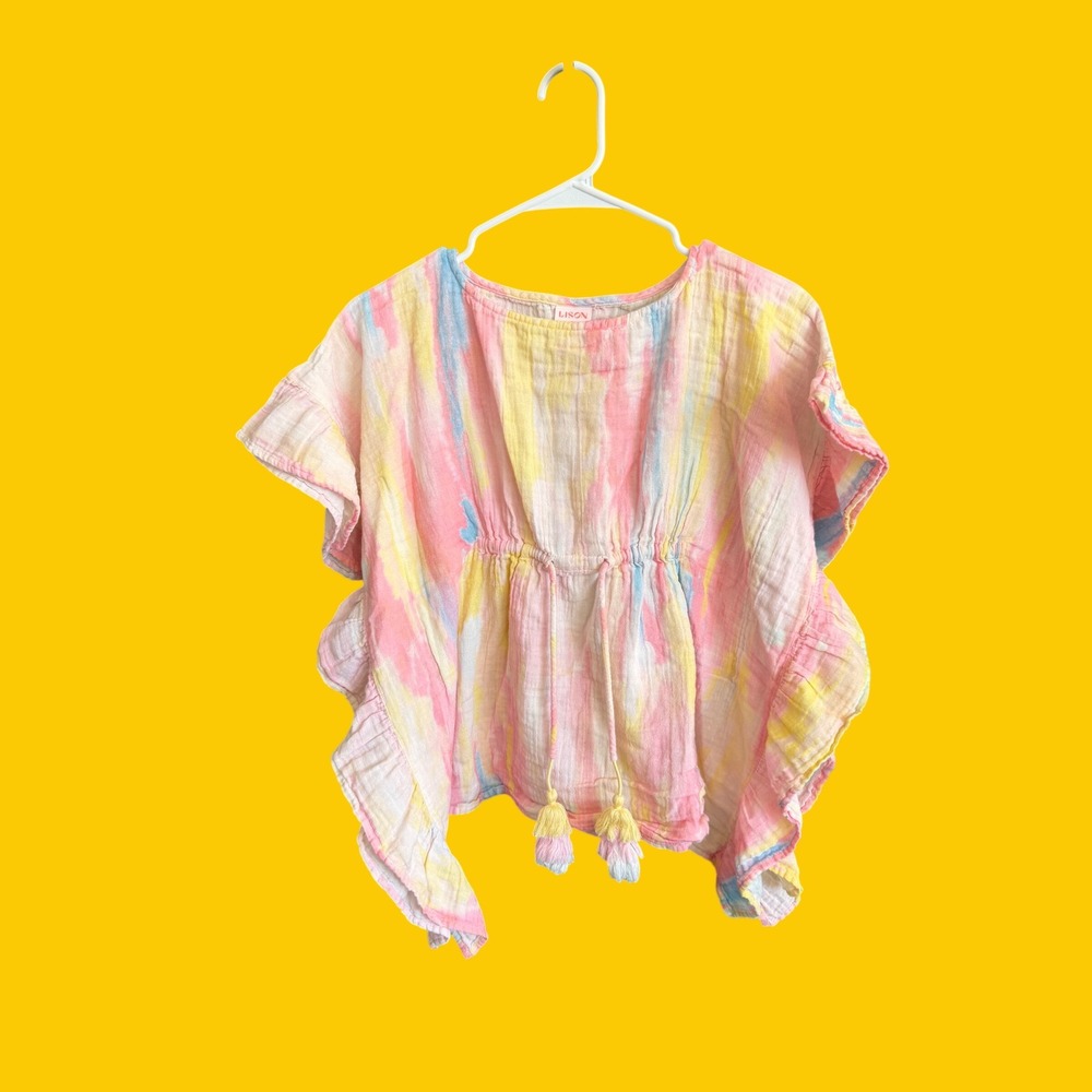 Lison Paris‎ Girls Watercolor Cotton Gauze Ruffle Top Pastel Boho Tassel Pink XS